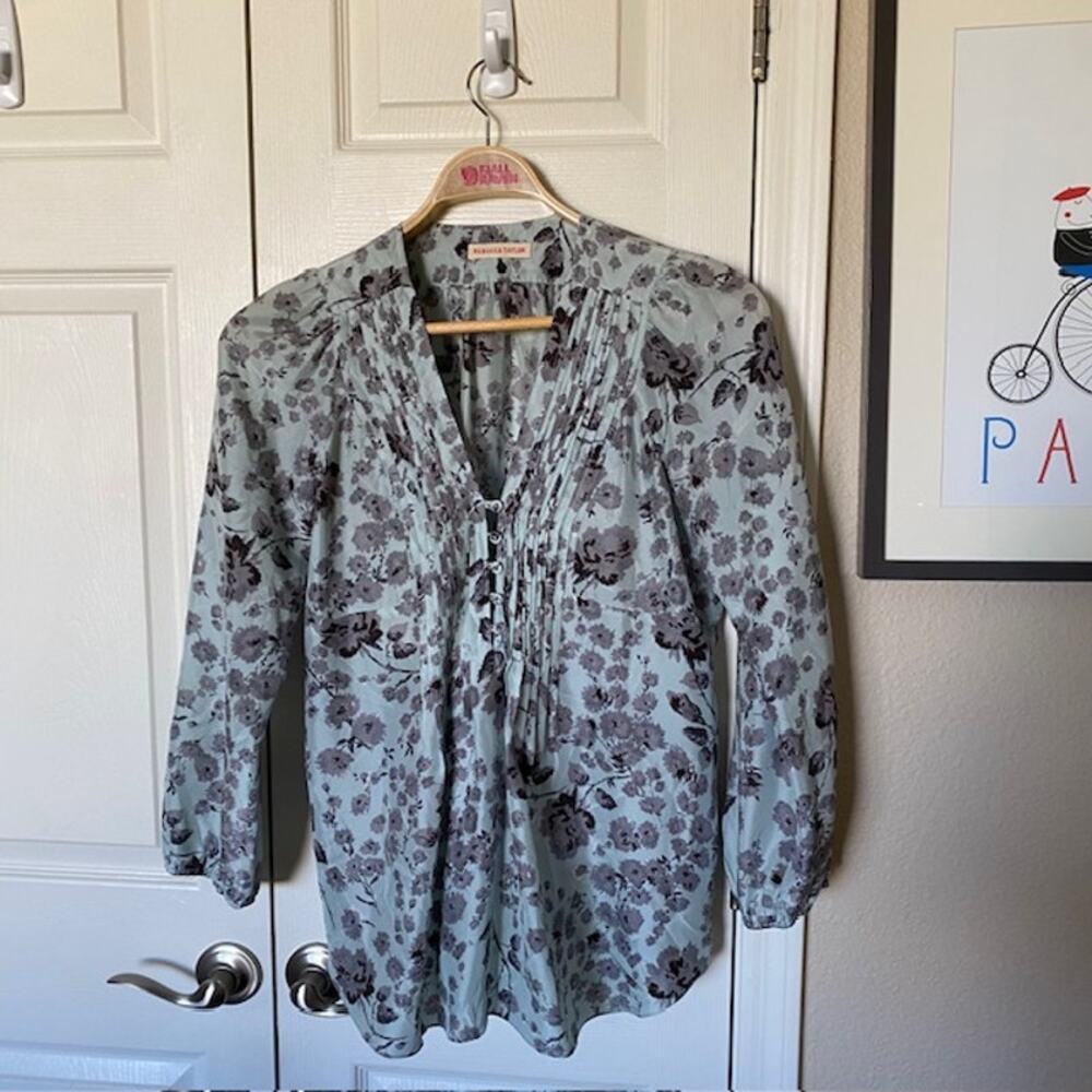Rebecca Taylor Silk Tunic V-Neck‎ Pale Green Black Floral Puff Sleeve Women's 4